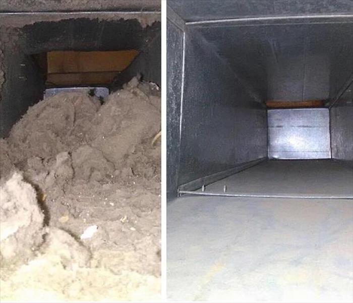 2 photos with one showing a dirty airduct and the other a cleaned airduct